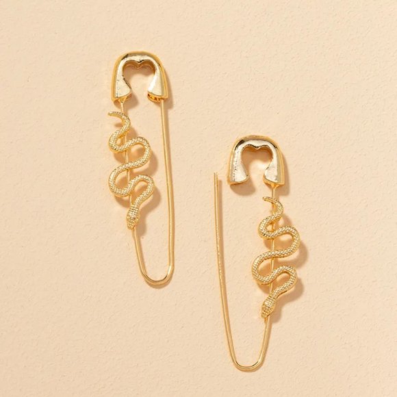 Gold Snake Safety Pin Earrings NEW - Picture 3 of 5